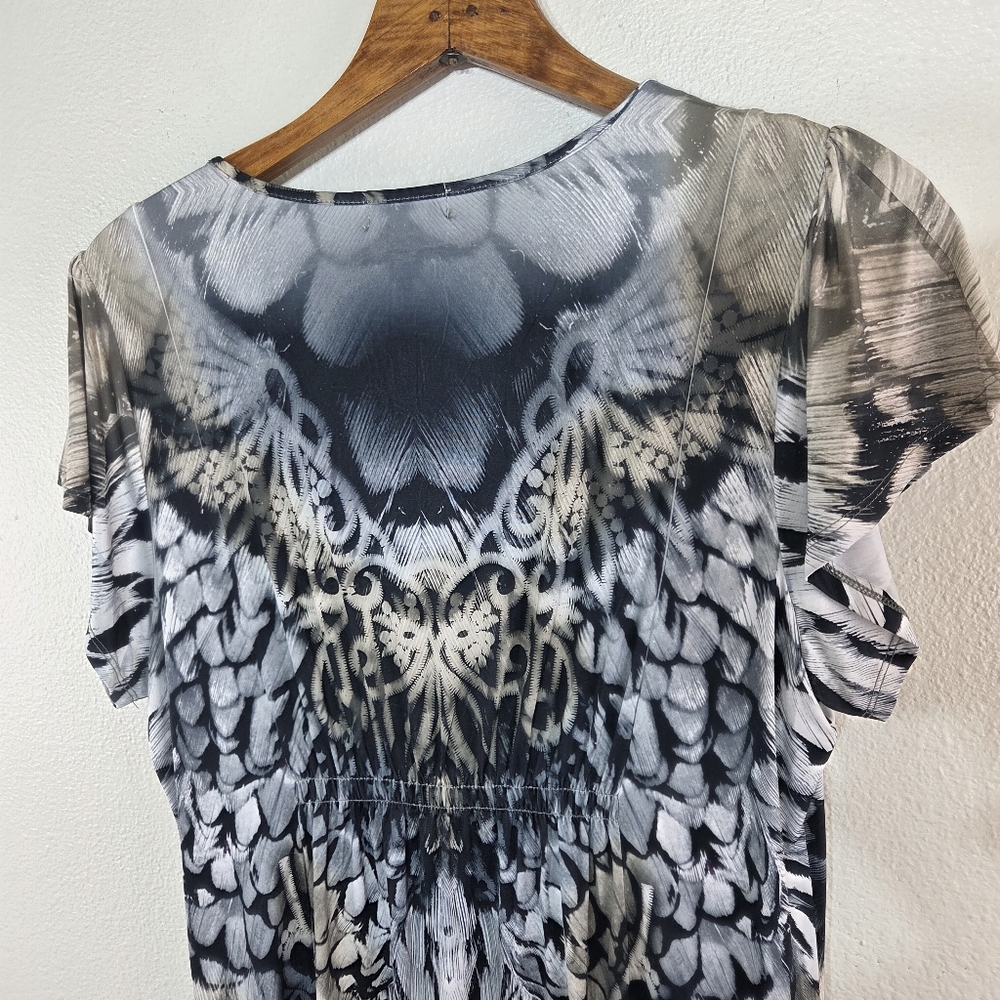 Women's One World Boho Black White Feather Owl Beaded Lace Short Dress Size XL - Picture 6 of 13
